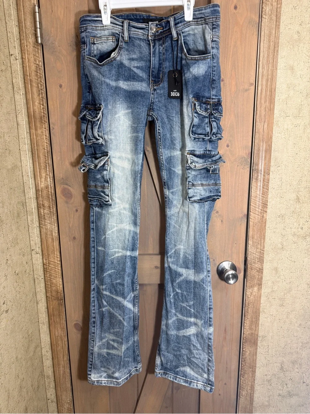 Men's Stacked Cargo Jeans with Washed Distress